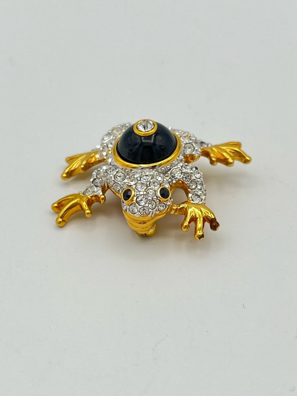 Swarovski Vintage Retired Pave Crystal Black Cabochon Frog Brooch Pin